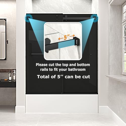Frameless Double Sliding Tub Door, 55-60"Wx60"H, Euro Gray, Matte Black - Image 6
