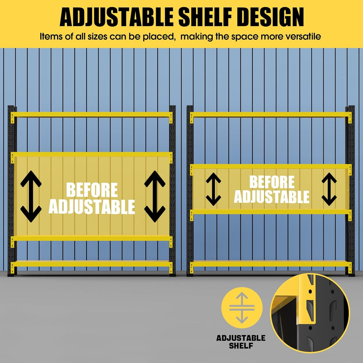 Storage Shelves Heavy Duty, Metal Garage Shelving Units, 4 Tier Storage Rack Shelf, Steel Industrial Shelving, Adjustable Standing Shelf for Basement/Warehouse Yellow and Black, W59.06*D19.69*H78.74