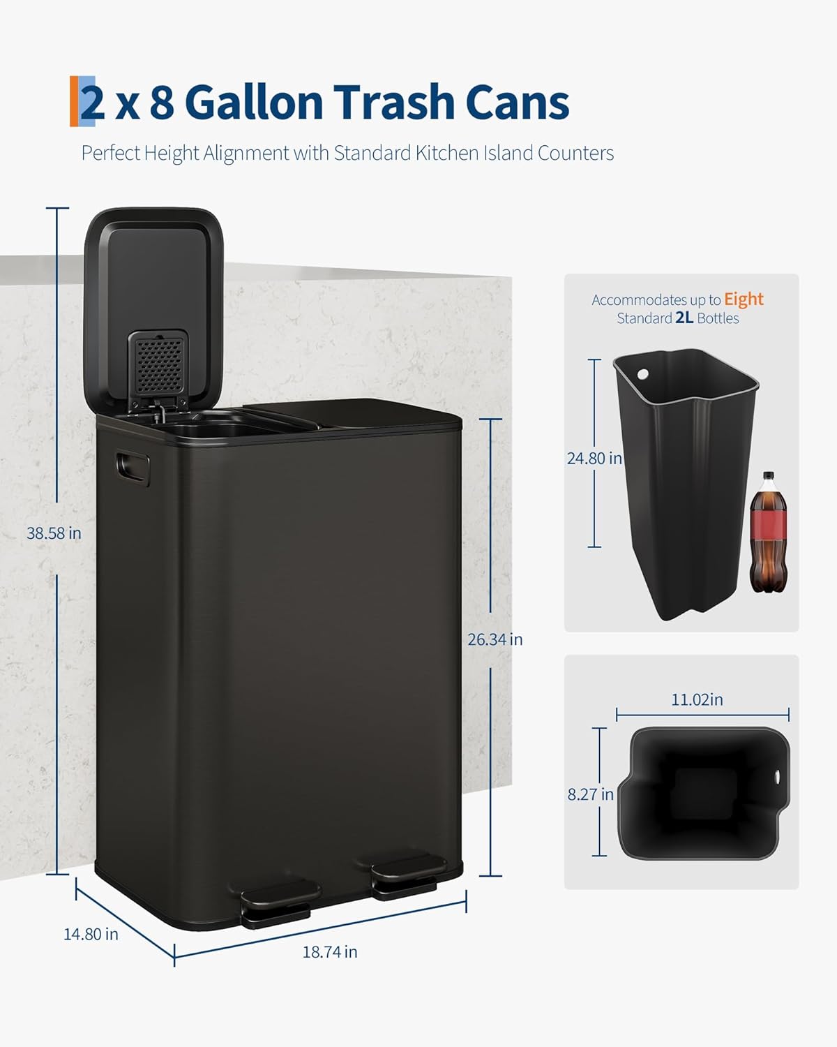 GarveeHome 2 x 8 Gallon Stainless Steel Double Trash Can with Lid for Kitchen, Large Dual Trash and Recycle Bin Combo, Step-on Kitchen Metal Garbage Cans, PP Inner Buckets, Liner Rim, Matte Black