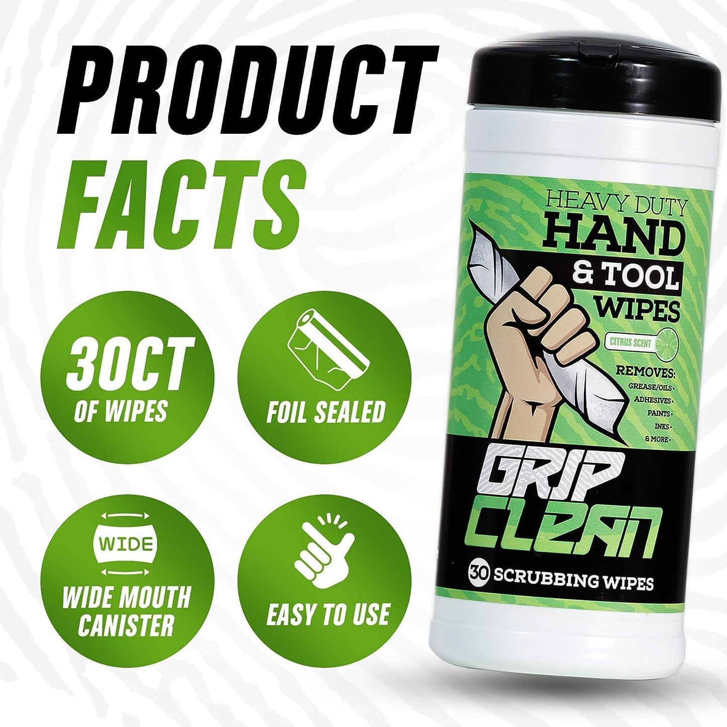 Grip Clean Heavy Duty Hand & Tool Cleaning Wipes β Waterless Hand Cleaner for Mechanics, Garage & Shop Use β Dual-Sided Grease, Oil & Paint Remover Wipes with Citrus Scent - 30ct (6 Pack)