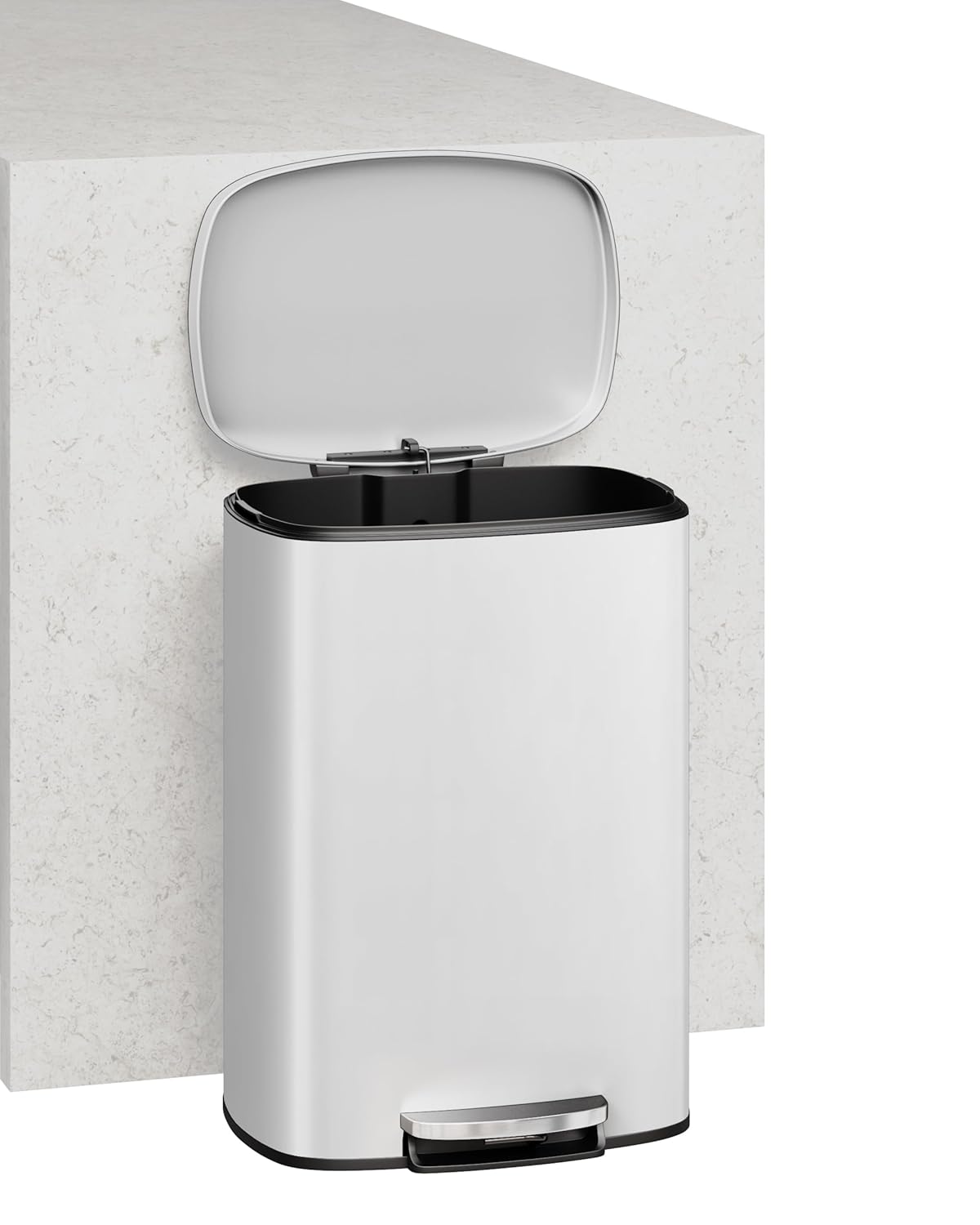 Garvee 13 Gallon / 50 Liter Metal Kitchen Trash Can with Lid, Large Rustproof Garbage Can for Kitchen, Step-on Trash Bin with Inner Bucket, Rear Handle, Soft Close Lid, White
