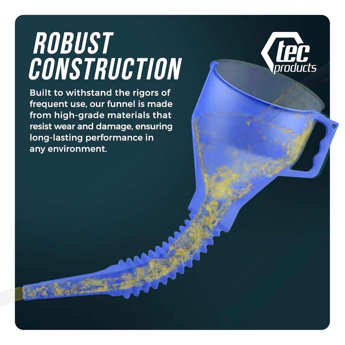 TEC Products FlexAll Long Flexible Funnel for Automotive Use - Durable Nitrile Rubber - Ideal for Car Oil Change, Transmission Funnel Fluid, Diesel, Fuel, Gas - Made in USA - Blue (16 x 5 Inches)