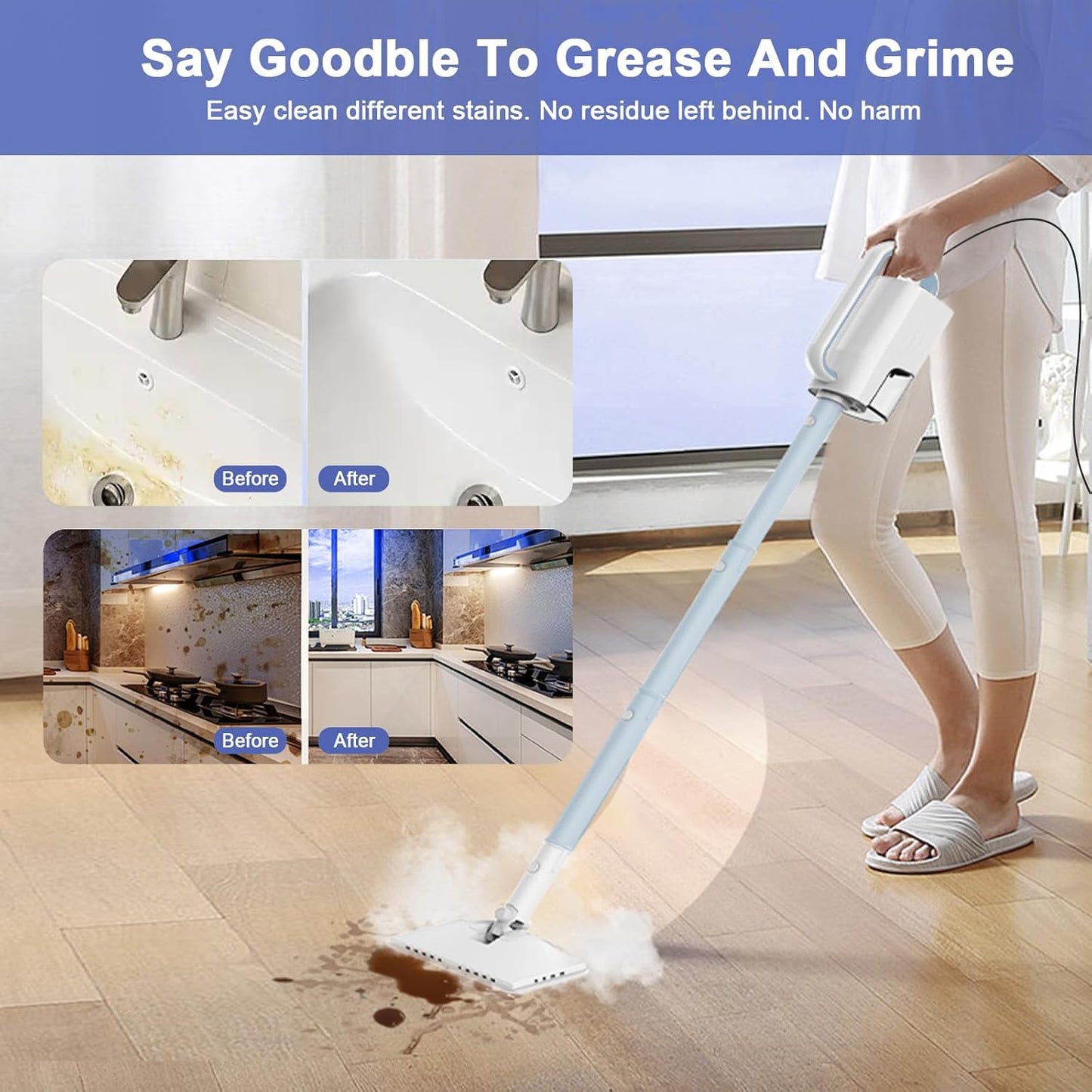 Steam Cleaner, 6 in1 Rotated Steam Mop Cleaner with 2 Modes, 2 Microfiber Pads, 400ML Removable Tank, 23FT Power Cable, Detachable Steam Mops for Floor, Laminate Floor, Tiles Cleaning (Light Blue)