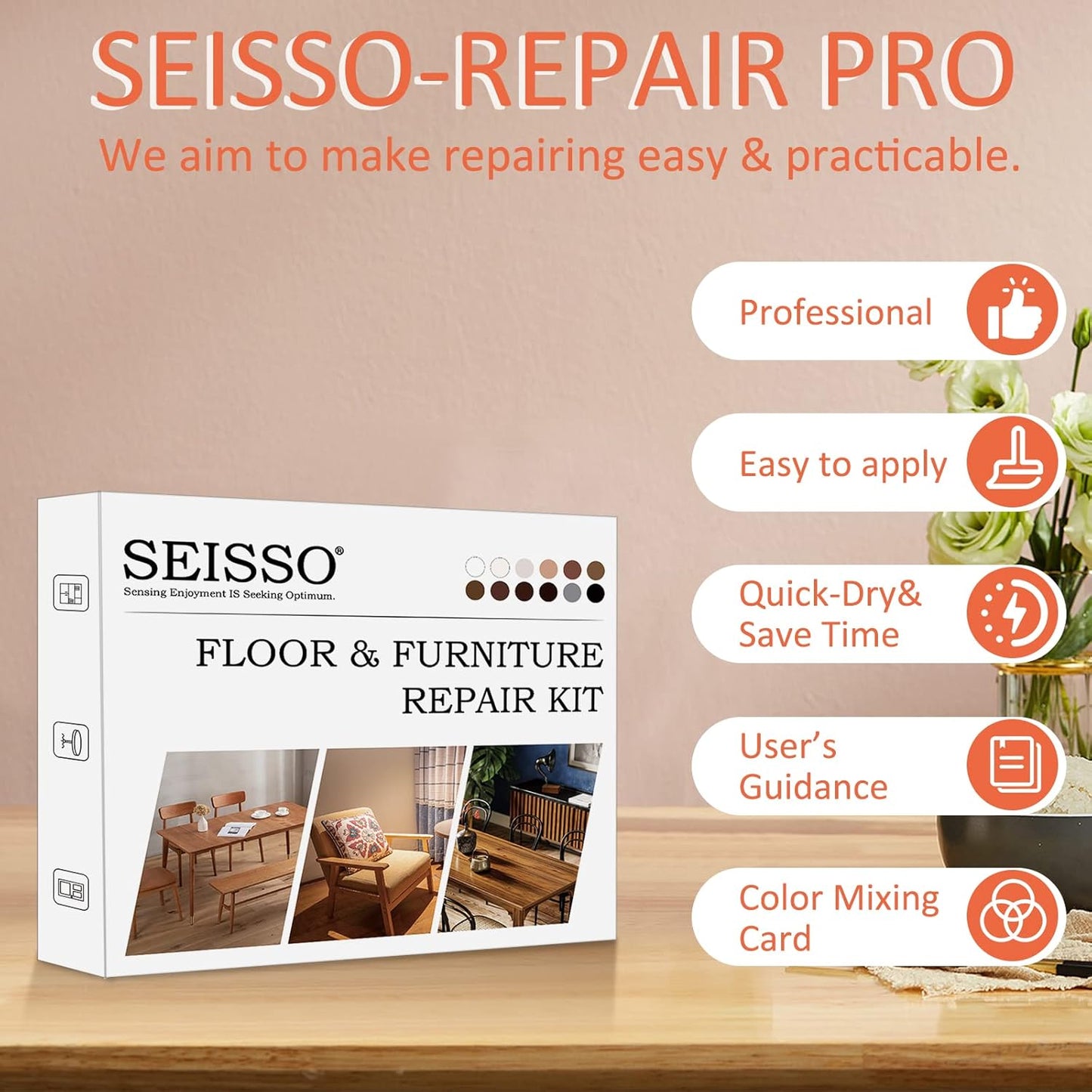 SEISSO Wood Scratch Repair Kit, 12 Colors Wood Filler Putty for Scratches Furniture Markers Touch Up Vinyl Floor Repair Kit - Restore a Finish, Cover Hardwood Scratches, Cracks, Hole, Table, Door