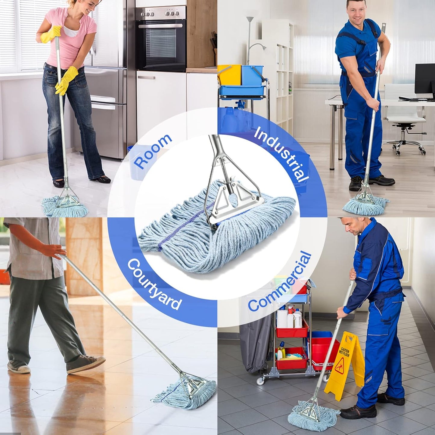 String Mop Heavy Duty for Floor Cleaning- Industrial Commercial Wet Mop with 59inch Mop Handle for Home Garage Office Workshop Warehouse Floor Cleaning