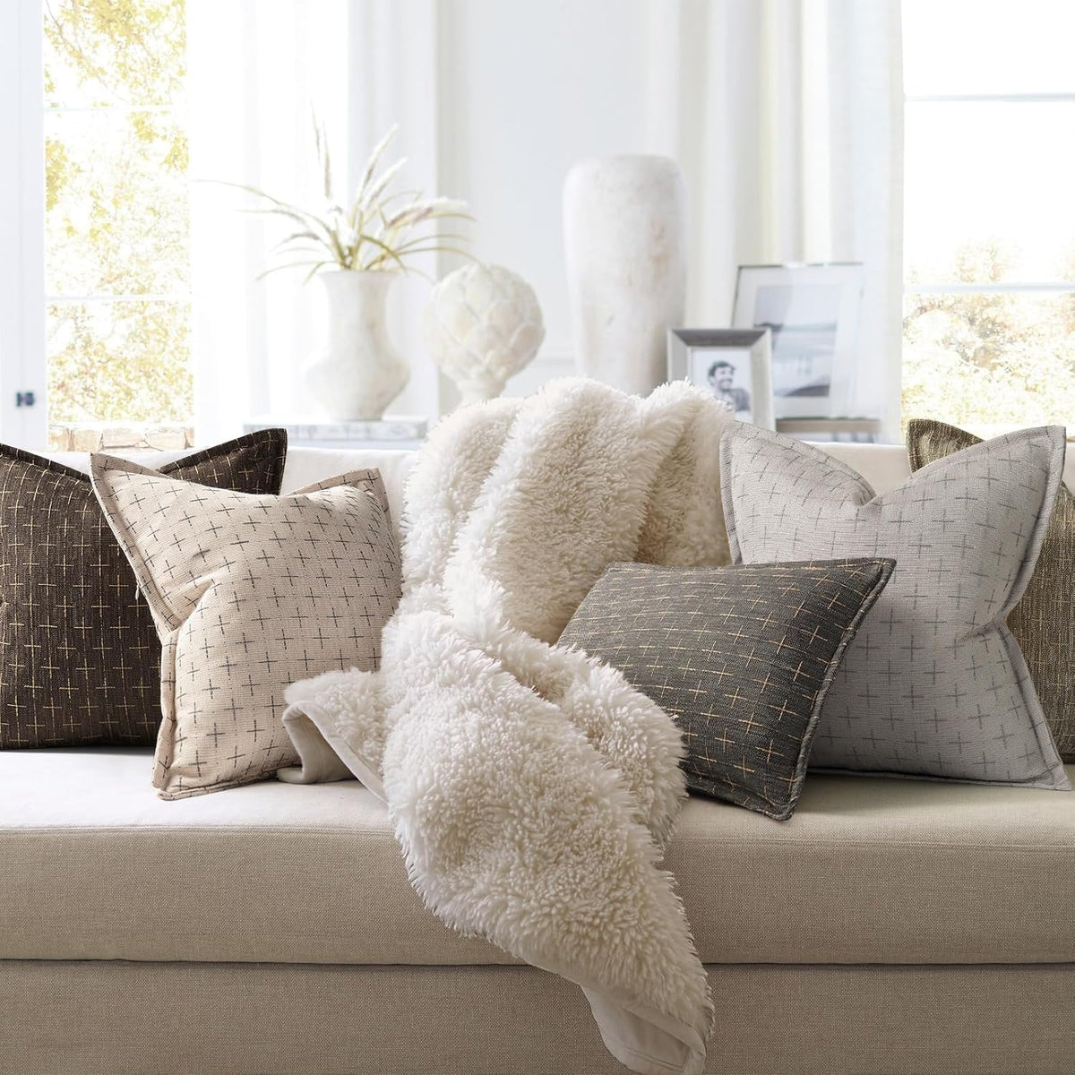 ZWJD Pillow Covers 22x22 Set of 2 Soft Polyester Textured Pillow Covers with Stylish Flange Edge Cozy Farmhouse Throw Pillows for Couch Bed Sofa Living Room