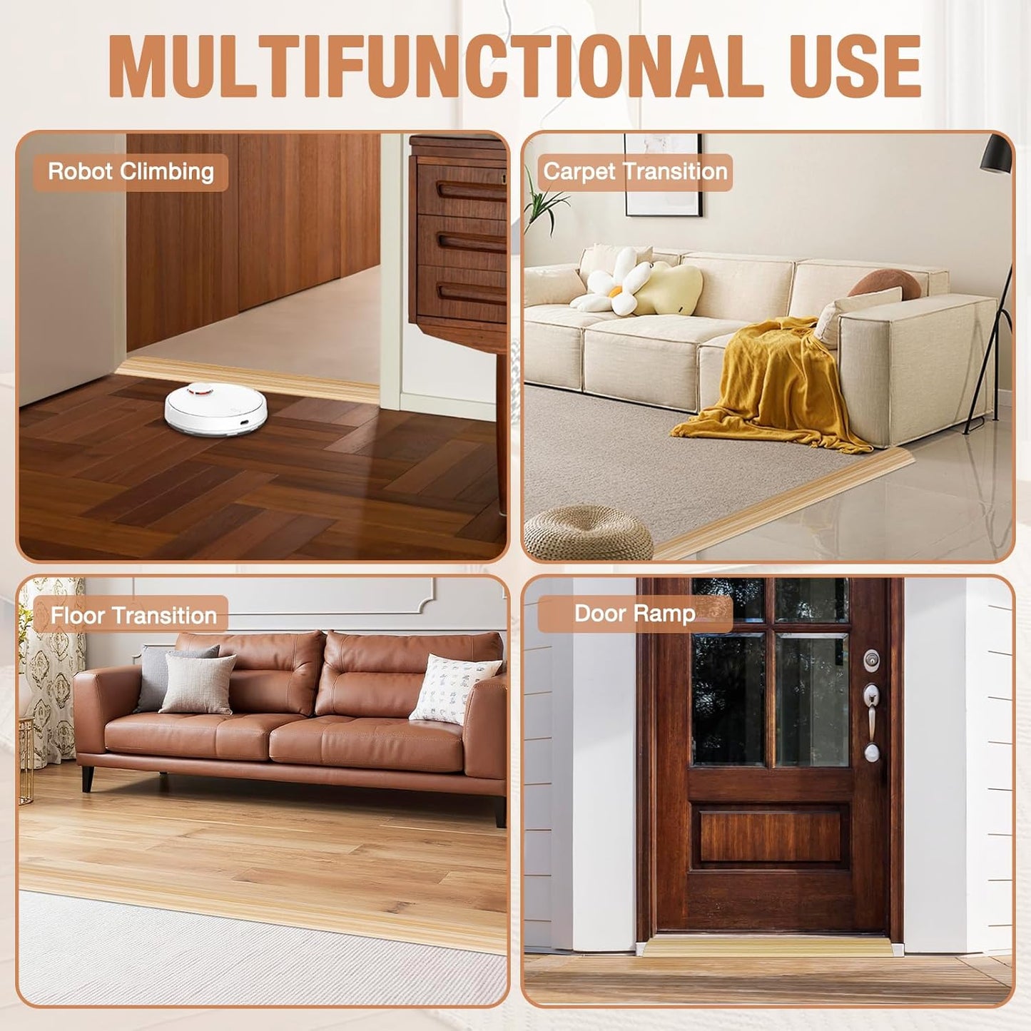 Floor Transition Strip Self Adhesive Vinyl Door Threshold for Doorways Carpet Edging Trim Overlap Edge Reducer for Laminate Floor, Carpet, Tile (Light Yellow Wood Grain, 2/5" to 3/5", 6.6Ft)