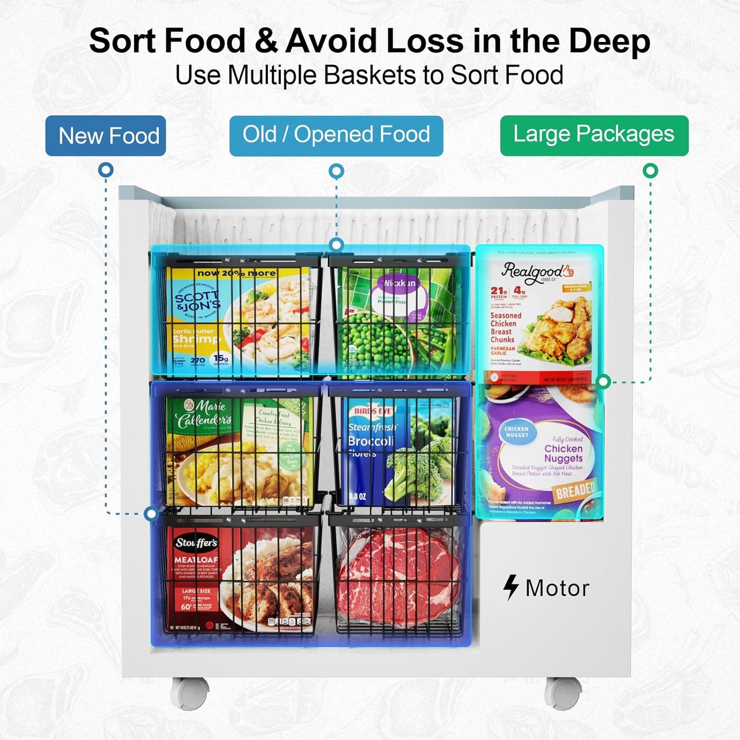 iSPECLE Freezer Organizer Bins - 4 Pack Adjustable & Extra Large Chest Freezer Organizer Bins for 5 to 9 Cu.Ft Deep Freezer, Easy Organize Basket Store More, Stackable No Wasted Space, Black