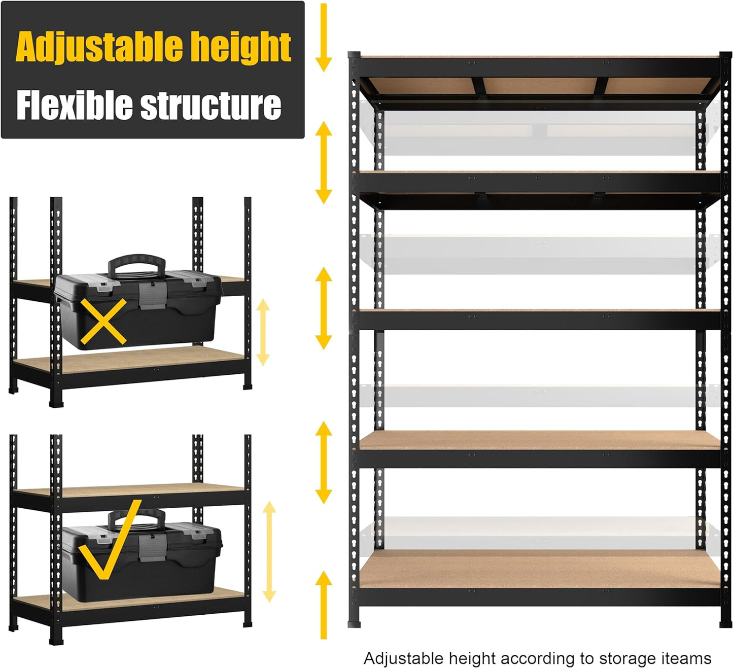 PrimeZone 4 Pack Storage Shelves 48" x 24" x 72", 5 Tier Adjustable Garage Storage Shelving, Heavy Duty Metal Storage Utility Rack Shelf Unit for Warehouse Pantry Closet Kitchen, Black