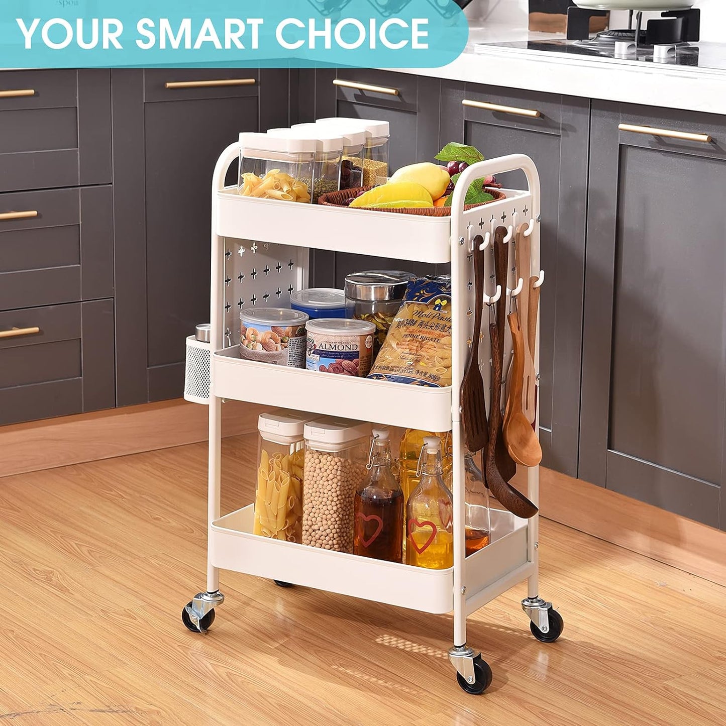 TOOLF 3-Tier Rolling Cart, Metal Utility Storage Cart with DIY Pegboards, Art Craft Trolley with Baskets Hooks, Serving Organizer Easy Assemble for Office, Home, Kitchen, Classroom (White)