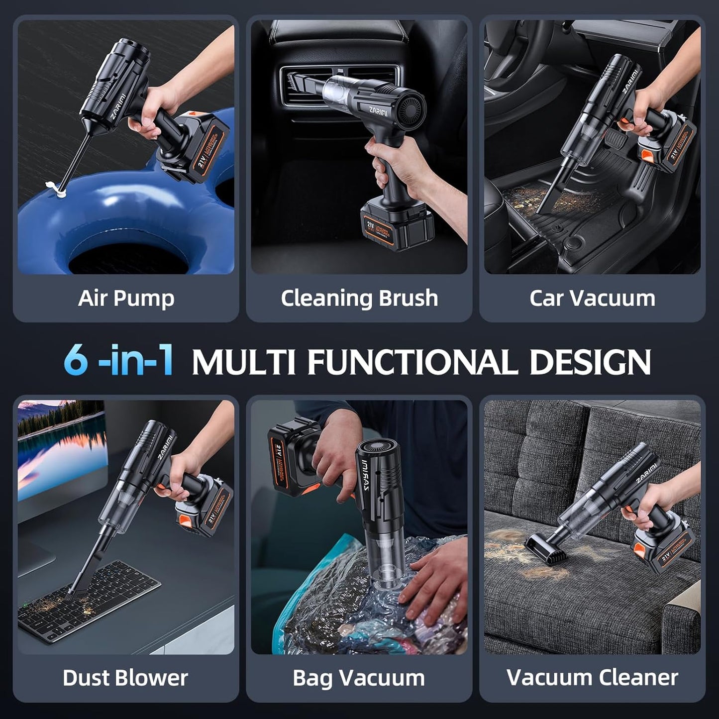 Cordless Handheld Car Vacuum Cleaner, 50,000Pa High-Power Rechargeable Dust Buster with 2 Batteries & Charger, 6-in-1 Portable Vacuum Cleaners for Home, Car, Pet Hair, Keyboard, Black