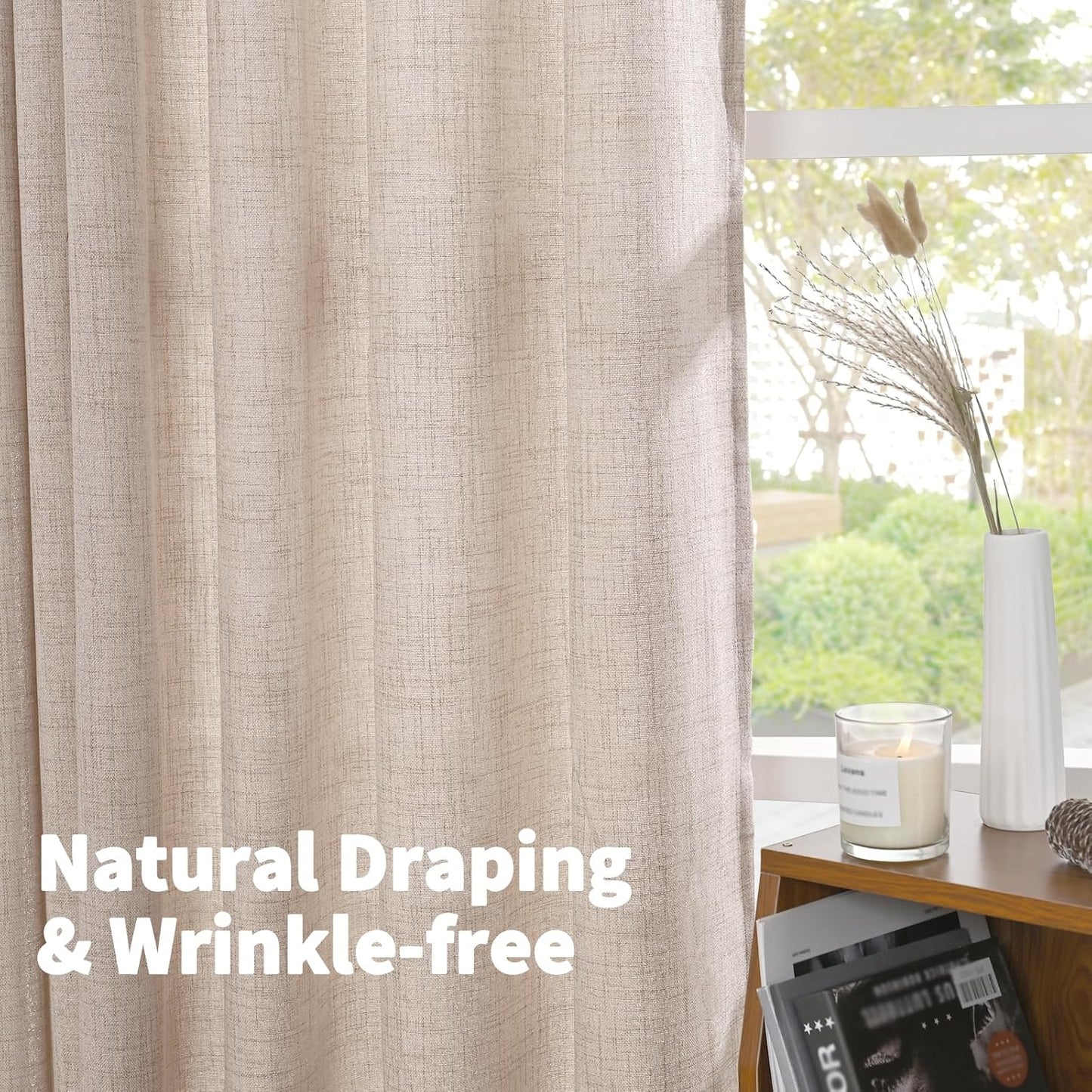 YoungsTex Short Natural Linen Curtains 45 Inch Length 2 Panels Pinch Pleated Light Filtering Textured Window Drapes for Bedroom Kitchen Cafe Privacy Back Tab, 40 X 45 Inch