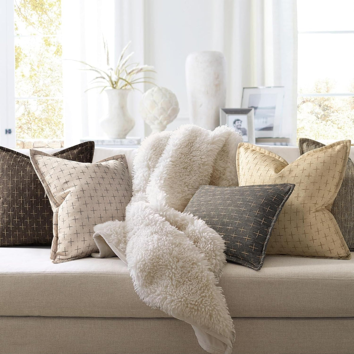 ZWJD Pillow Covers 18x18 Set of 2 Soft Polyester Textured Pillow Covers with Stylish Flange Edge Cozy Farmhouse Throw Pillows for Couch Bed Sofa Living Room