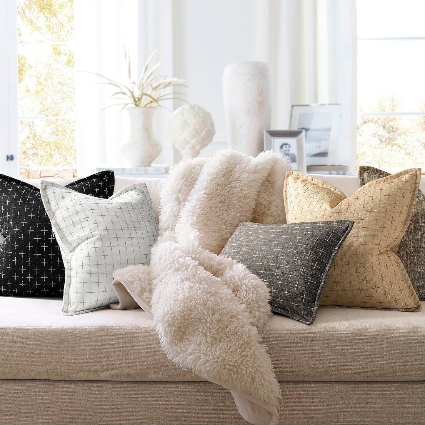 ZWJD 12x20 Pillow Covers Set of 2 Soft Polyester Textured Pillow Covers with Stylish Flange Edge Cozy Farmhouse Throw Pillows for Couch Bed Sofa Living Room