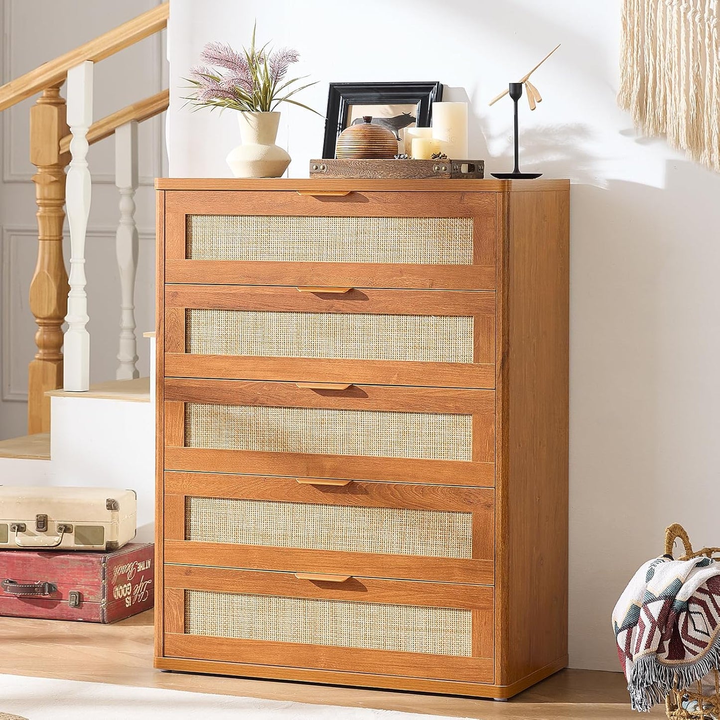 LEYAOYAO Dresser for Bedroom, 41" Tall Chest of Drawers, Modern 5 Drawers Boho Rattan Dressers with Storage, Dresser Wooden Closet Organizer for Living Room, Hallway, Tea Brown