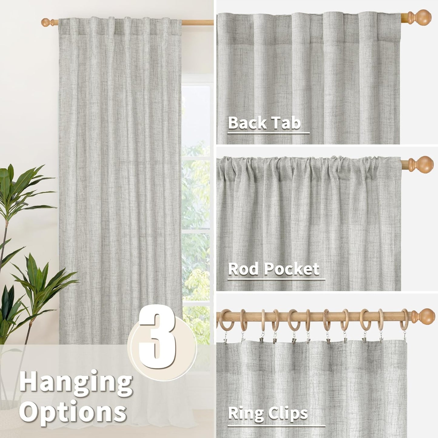 YoungsTex Light Grey Linen Curtains 95 Inches Long for Living Room, Floor Length Semi Sheer Drapes with Rod Pocket Back Tab Light Filtering Window Treatments for Bedroom, 52 X 95 Inch, 2 Panels