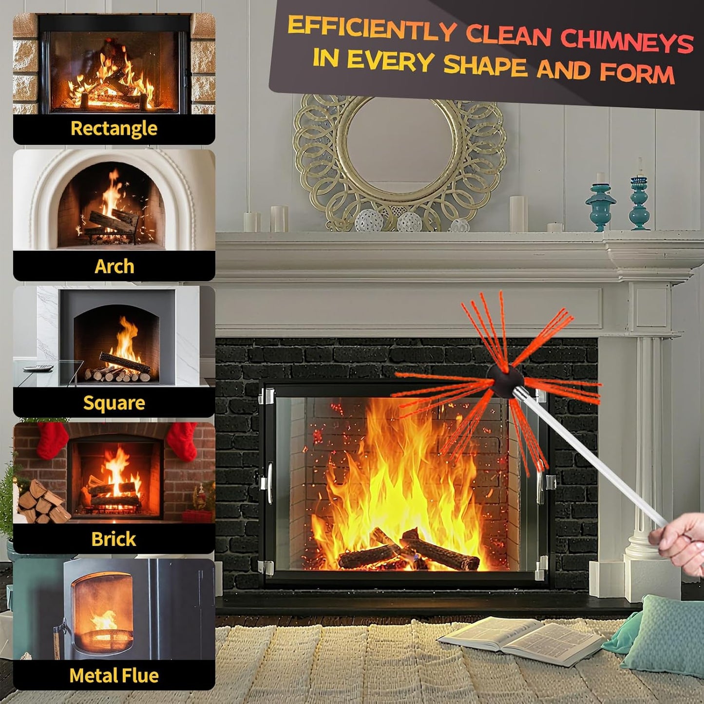 26 Feet Chimney Sweep Kit, Chimney Cleaning Kit with 8 Flexible White Chimney Rods, Chimney Brush, Rotary Chimney Cleaning System Driven by Drill for Sweeping Fireplace