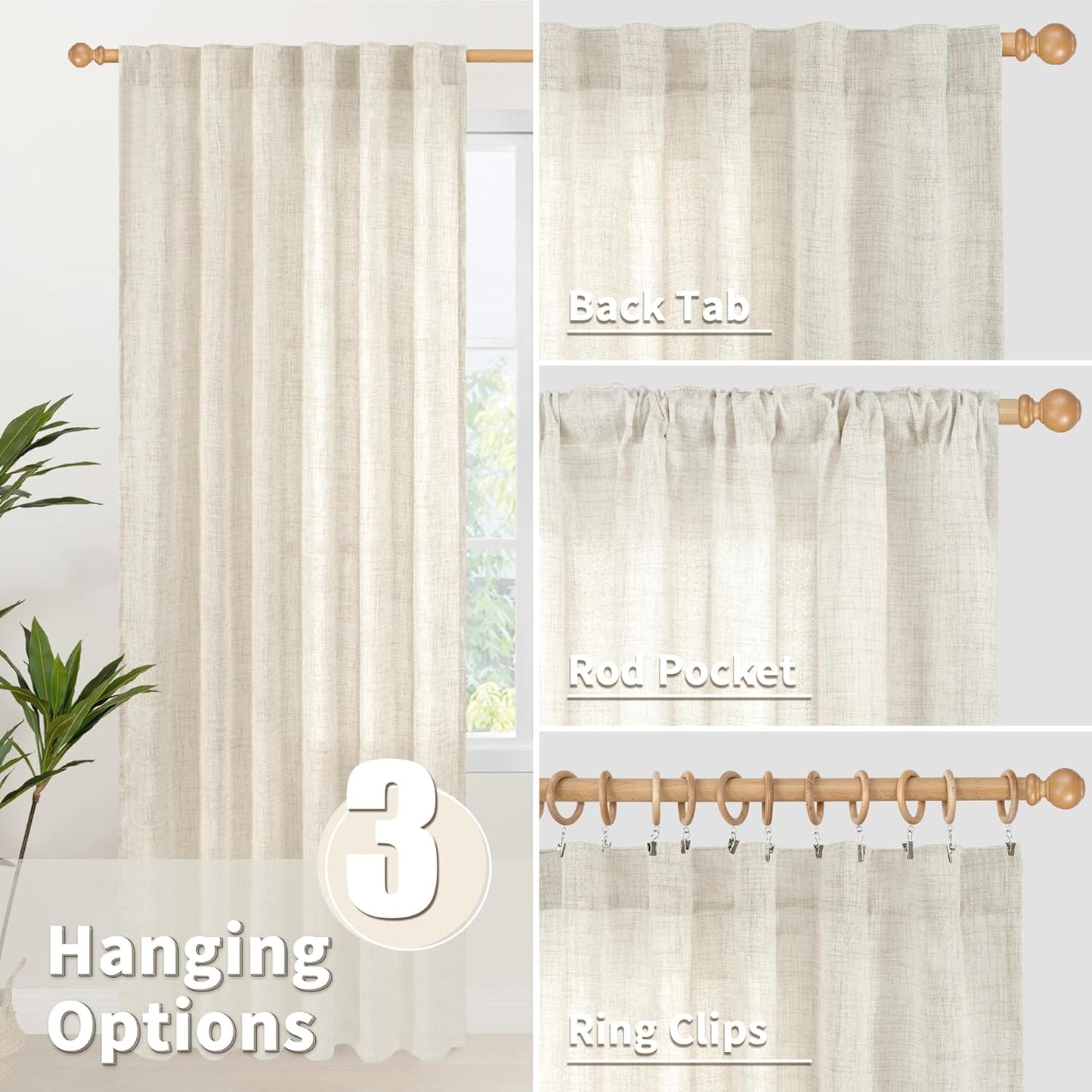 YoungsTex Short Linen Curtains 36 Inch Length for Kitchen Window, Light Filtering Drapes Semi Sheer with Rod Pocket Back Tab for Bathroom Cafe, 2 Panels, 42 X 36 Inch
