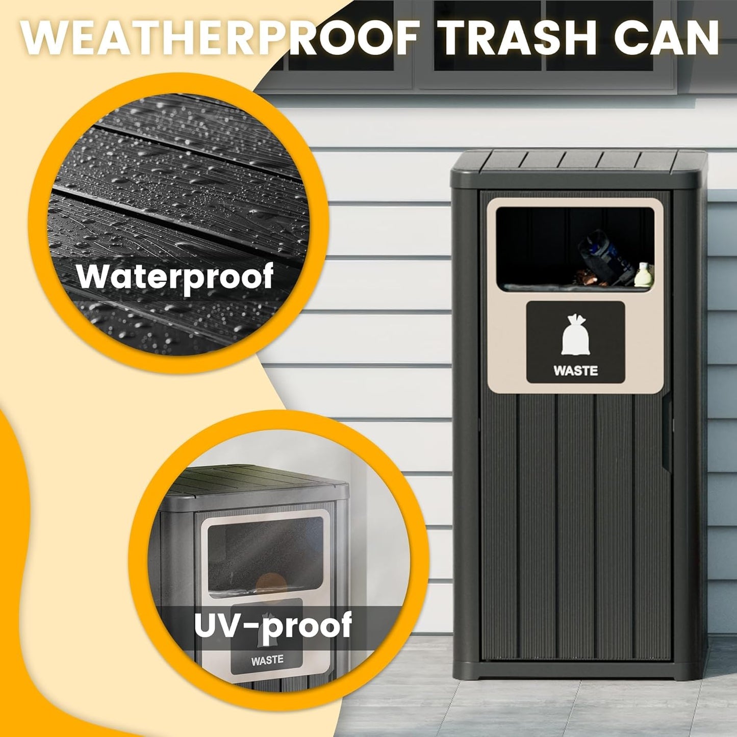 22 Gallon Outdoor Trash Can Waterproof Resin Patio Garbage Can for Outdoor Trash Bin for Patio, Garden,Black