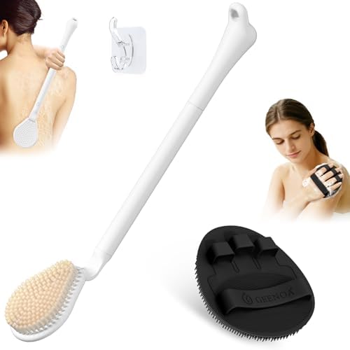 Back Scrubber for Shower & Silicone Bath Glove Set, 19’’ Detachable Long Handle by GEENOA
