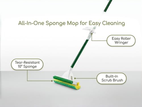 Sponge Mop with Scrub Brush, Roller Wringer, Floor Cleaning Mop - Image 3