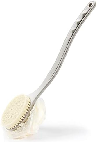 Shower Body Brush Bristles & Mesh Loofah Sponge, Curved Handle Back Scrubber by HONOMA
