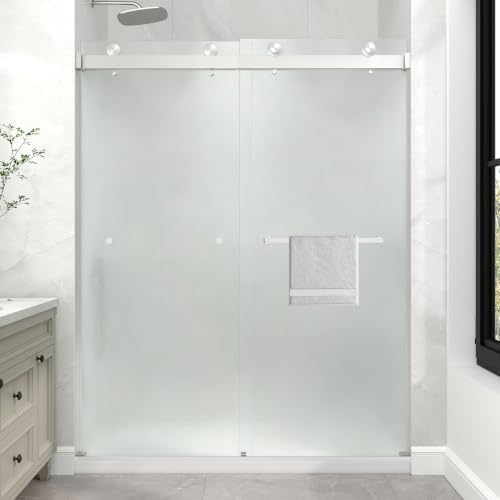 KPUY Frameless Sliding Frosted Shower Door 61-66" x 76", Brushed Nickel by KPUY