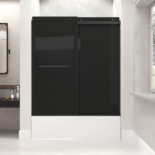 Frameless Double Sliding Tub Door, 55-60"Wx60"H, Euro Gray, Matte Black by EPXMKXShowerDoor