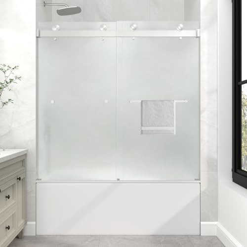 KPUY Frameless Sliding Frosted Bathtub Door 55-60" x 60", Brushed Nickel by KPUY