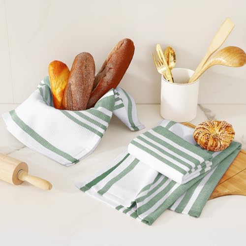 Homaxy Premium Cotton Stripe Kitchen Towels 3 Pack, Grass Green - Image 6