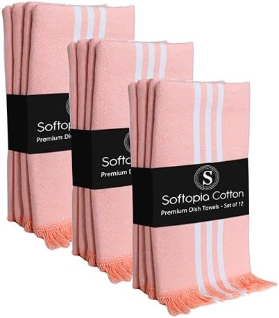 Prewashed Stripe Dish Towels 12 Pack, 16x26 Inches, 100% Cotton Kitchen Cloths by SoftopiaCotton