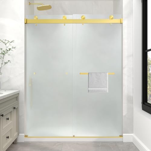 KPUY Frameless Sliding Frosted Shower Door 55-60" x 76", Brushed Gold by KPUY