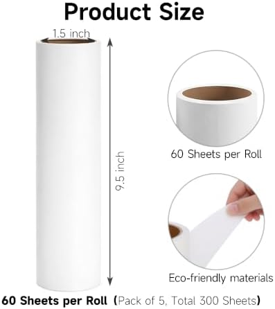 5 Pack 9.5 Inch Lint Roller Refills, 60 Sheets Per Roll - Image 2