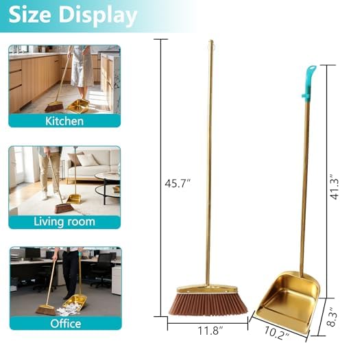 Gold Broom and Dustpan Set, Minimalist Upright Sweeper - Image 2