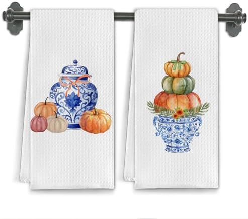 Fall Chinoiserie Pumpkin Kitchen Towels, Fall Grand Millenial Decorative Hand by Unknown