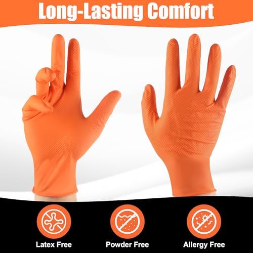 TREEGO 10 Mil Heavy Duty Orange Nitrile Mechanic Gloves - Image 3