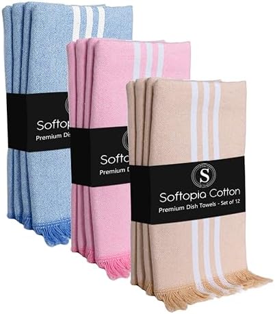Dish Towels Multicolors 12 Pack, 16x26 Inches, Stripe Kitchen Tea Towels by SoftopiaCotton