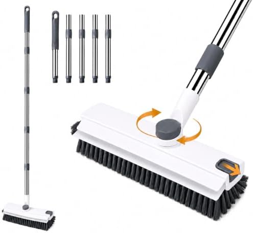 3-in-1 Floor Scrub Brush with Long Handle, Stiff Bristles & Squeegee by DRQ