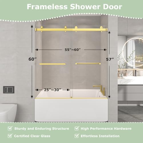Frameless Clear Double Bypass Sliding Bathtub Shower Door, Brushed Gold Hardware - Image 3