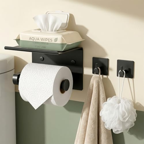 Tindbea Toilet Paper Holder Wall Mount + Towel Robe Hooks, Adhesive or Screw by Tindbea