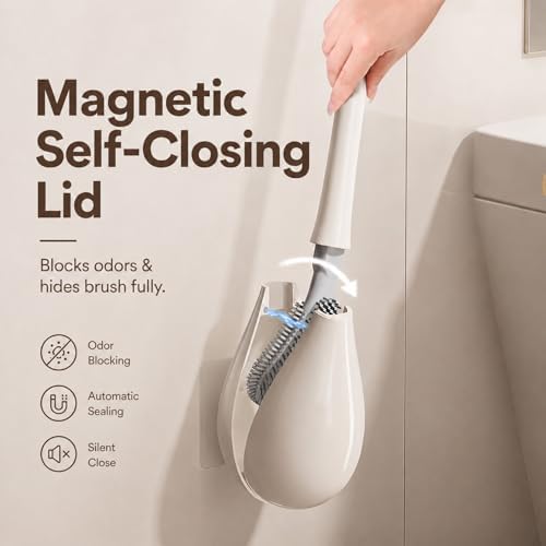 Toilet Brush & Holder Set, Wall-Mounted Auto-Close Lid, Cream White - Image 3