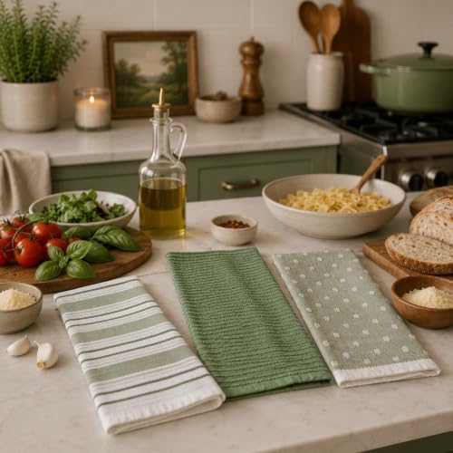 Sage Green Striped Kitchen Hand Dish Towels, 100% Cotton - Image 2