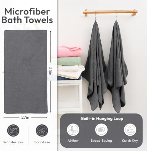 JML Bath Towels with Hanging Loop, 2 Pack, 27x55 in, Microfiber, Dark Gray - Image 2
