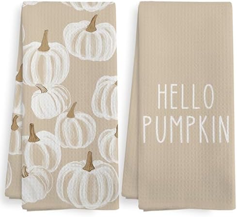 Fall Hello Pumpkin Kitchen Towels and Dishcloths Sets of 2, Fall Beige White by XNXLDYLH