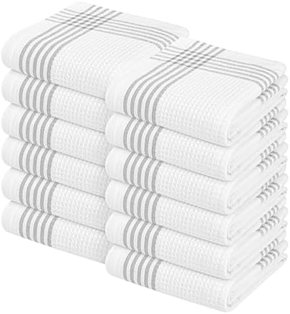 Waffle White & Grey Kitchen Towels 12 Pack, 100% Cotton, 16x26 inches, Quick by SoftopiaCotton