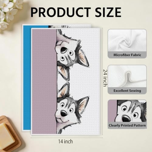 2 Pcs Funny Husky Gifts Kitchen Towels, Cute Dog Hand Towels 14 x 24 Inches - Image 2