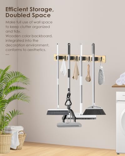 AceMining Light Wood Broom Holder Wall Mount, 4 Holders 4 Hooks Mop Holder - Image 5