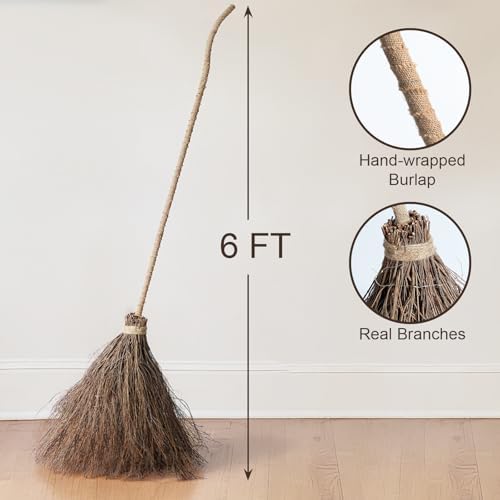 Halloween Decorations Fall Decor - 6FT Giant Handmade Real Twig Witch Broom - Image 2