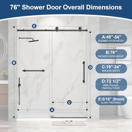 Frameless Sliding Shower Doors 49-54" Wx76 H, 5/16" Matte Black - Image 2