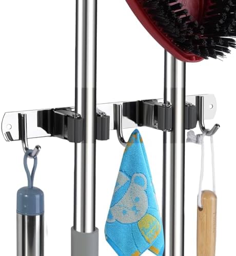voze 2 Racks and 3 Hooks Mop and Broom Holder Wall Mount, Self Adhesive Heavy by voze